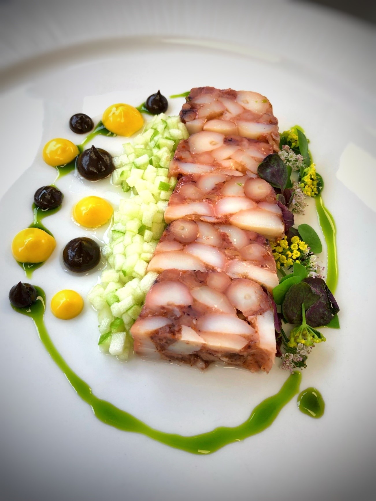 Smoked Octopus Terrine with Apple pickled in Elderflower Vinegar